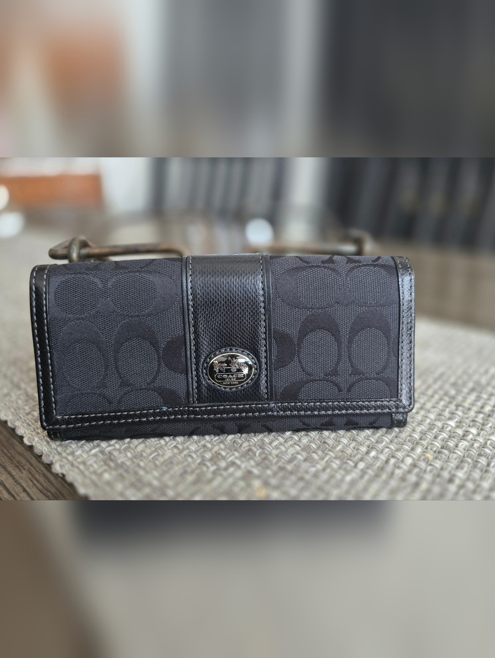 COACH Black Signature Jacquard Wallet with Silver Logo Plaque